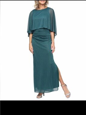 Elegant Teal Evening Maxi Dress with Cape Overlay EUC 6 P